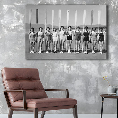 Women's Rowing Team Coastal Black and White Art Vintage Beach Fashion, Canvas Print Wall Art Decor