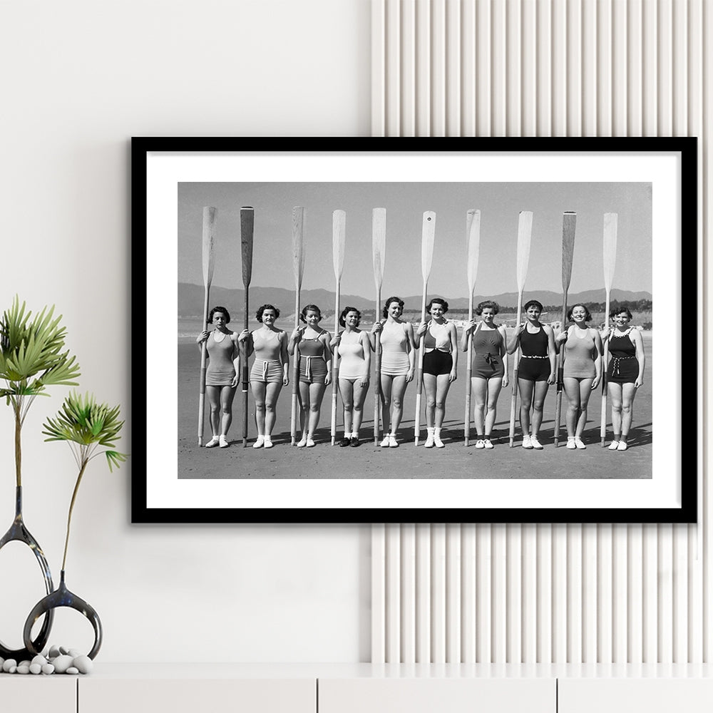 Women's Rowing Team Coastal Black and White Art Vintage Beach Fashion, Framed Art Print White Border Wall Decor