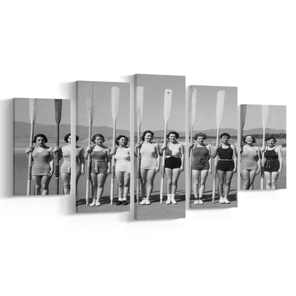 Women's Rowing Team Coastal Black and White Art Vintage Beach Fashion, Mixed 5 Pieces Canvas Print
