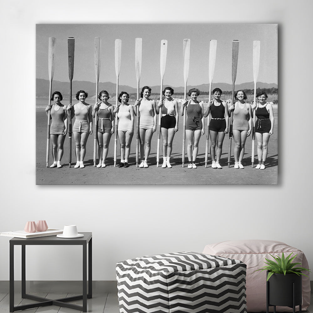 Women's Rowing Team Coastal Black and White Art Vintage Beach Fashion, Canvas Print Wall Art Decor