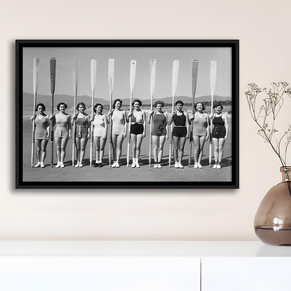 Women's Rowing Team Coastal Black and White Art Vintage Beach Fashion, Floating Framed Canvas Print
