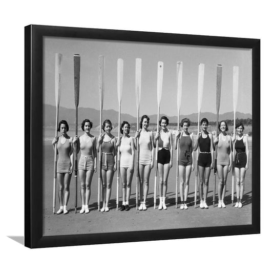 Women's Rowing Team Coastal Black and White Art Vintage Beach Fashion, Framed Art Print Wall Decor