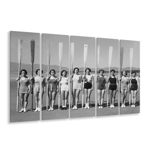 Women's Rowing Team Coastal Black and White Art Vintage Beach Fashion, 5 Pieces Large Canvas Print