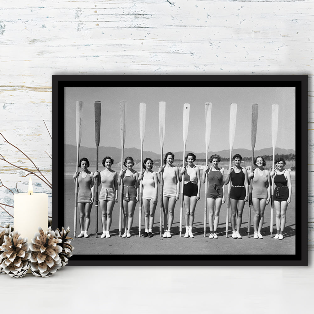 Women's Rowing Team Coastal Black and White Art Vintage Beach Fashion, Floating Framed Canvas Print