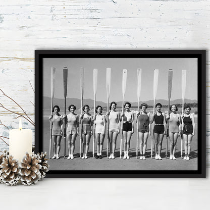 Women's Rowing Team Coastal Black and White Art Vintage Beach Fashion, Floating Framed Canvas Print