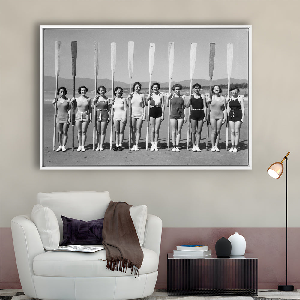 Women's Rowing Team Coastal Black and White Art Vintage Beach Fashion, Floating Framed Canvas Print