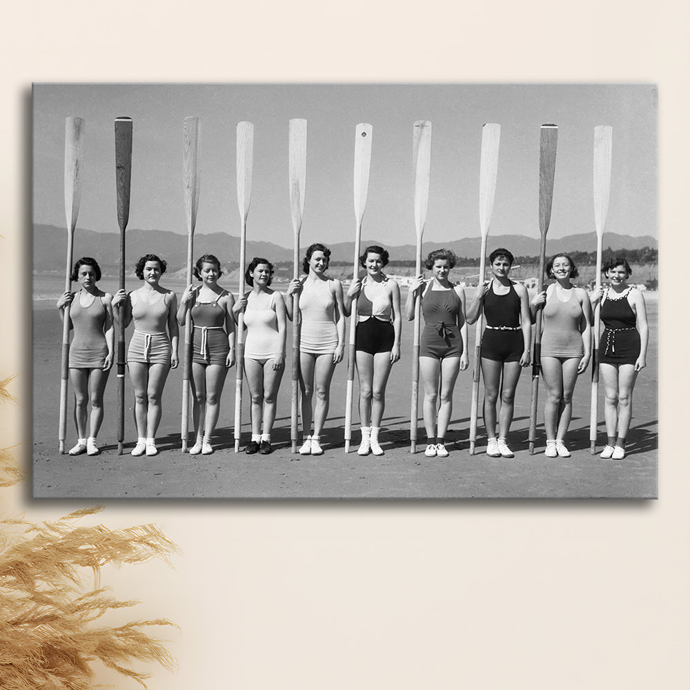 Women's Rowing Team Coastal Black and White Art Vintage Beach Fashion, Canvas Print Wall Art Decor