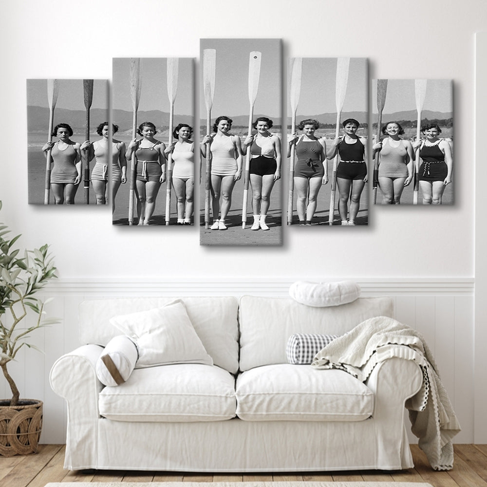 Women's Rowing Team Coastal Black and White Art Vintage Beach Fashion, Mixed 5 Pieces Canvas Print