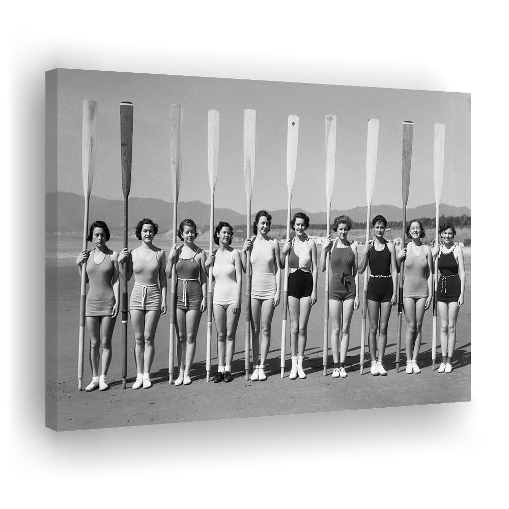 Women's Rowing Team Coastal Black and White Art Vintage Beach Fashion, Canvas Print Wall Art Decor