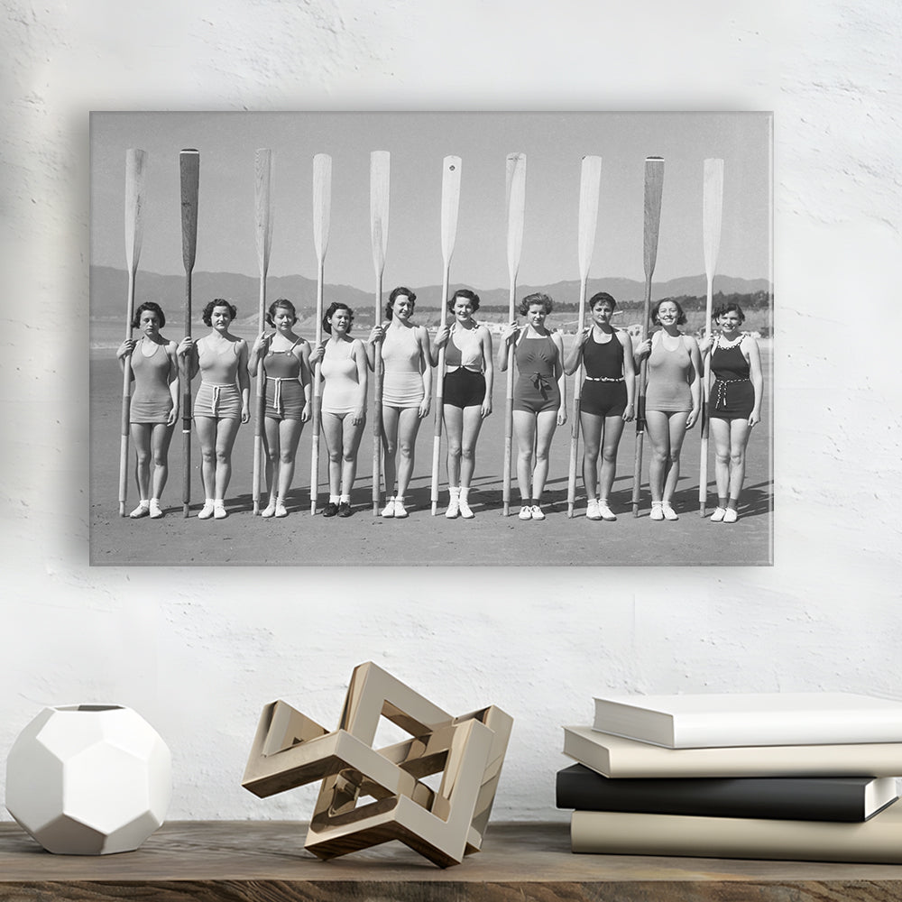 Women's Rowing Team Coastal Black and White Art Vintage Beach Fashion, Canvas Print Wall Art Decor