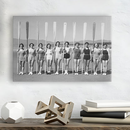 Women's Rowing Team Coastal Black and White Art Vintage Beach Fashion, Canvas Print Wall Art Decor