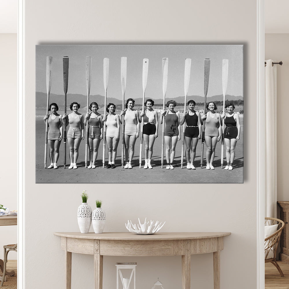 Women's Rowing Team Coastal Black and White Art Vintage Beach Fashion, Canvas Print Wall Art Decor