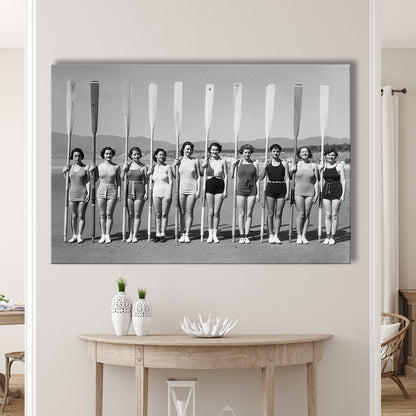 Women's Rowing Team Coastal Black and White Art Vintage Beach Fashion, Canvas Print Wall Art Decor