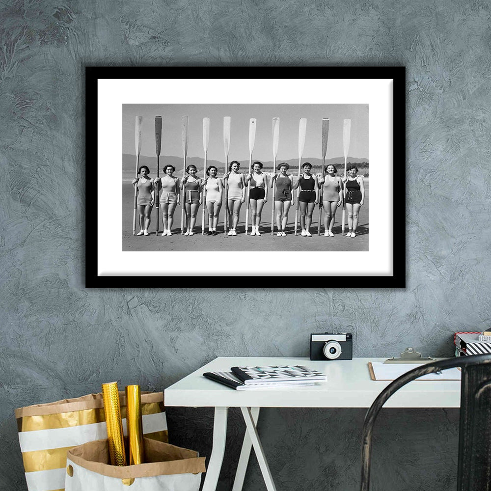 Women's Rowing Team Coastal Black and White Art Vintage Beach Fashion, Framed Art Print White Border Wall Decor