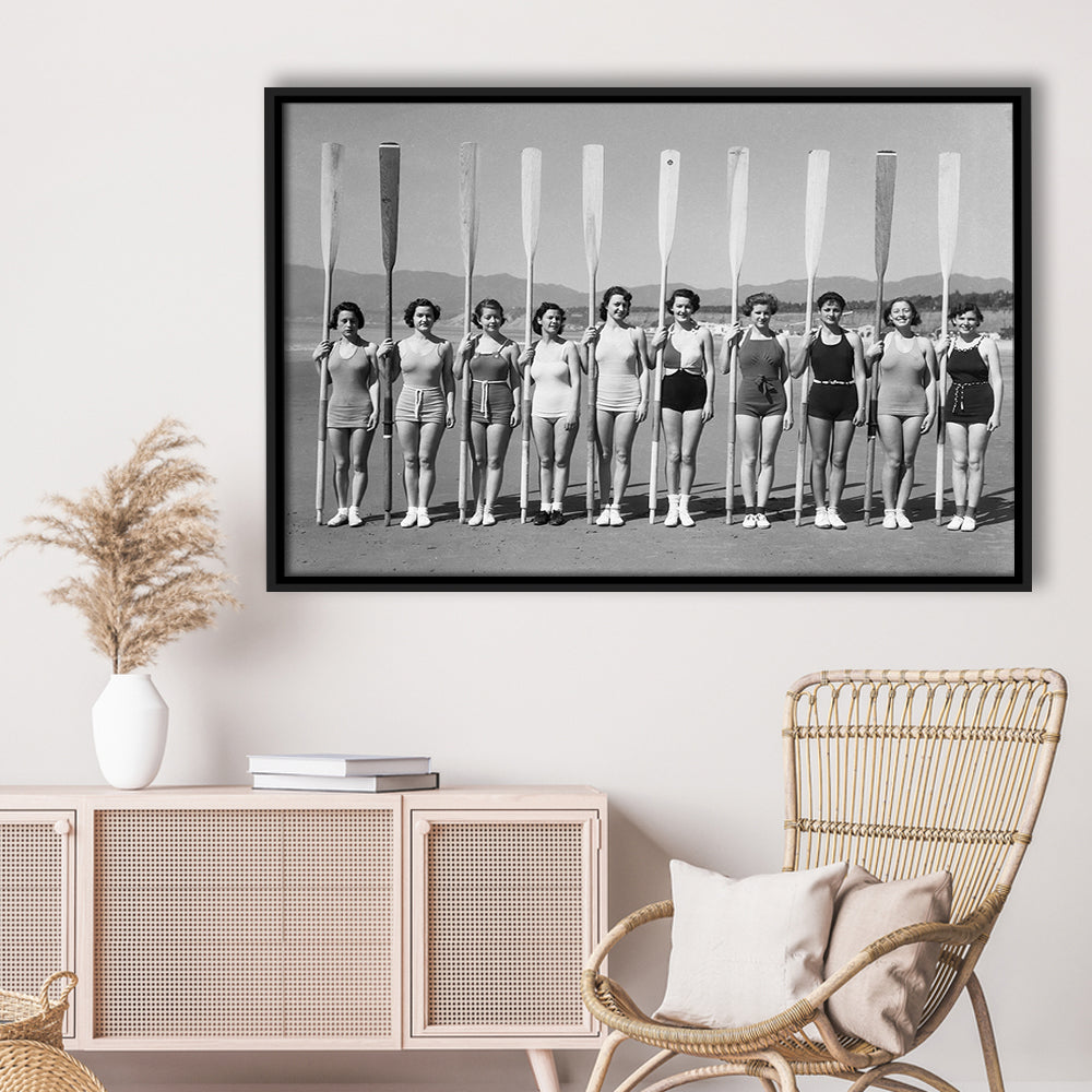 Women's Rowing Team Coastal Black and White Art Vintage Beach Fashion, Floating Framed Canvas Print