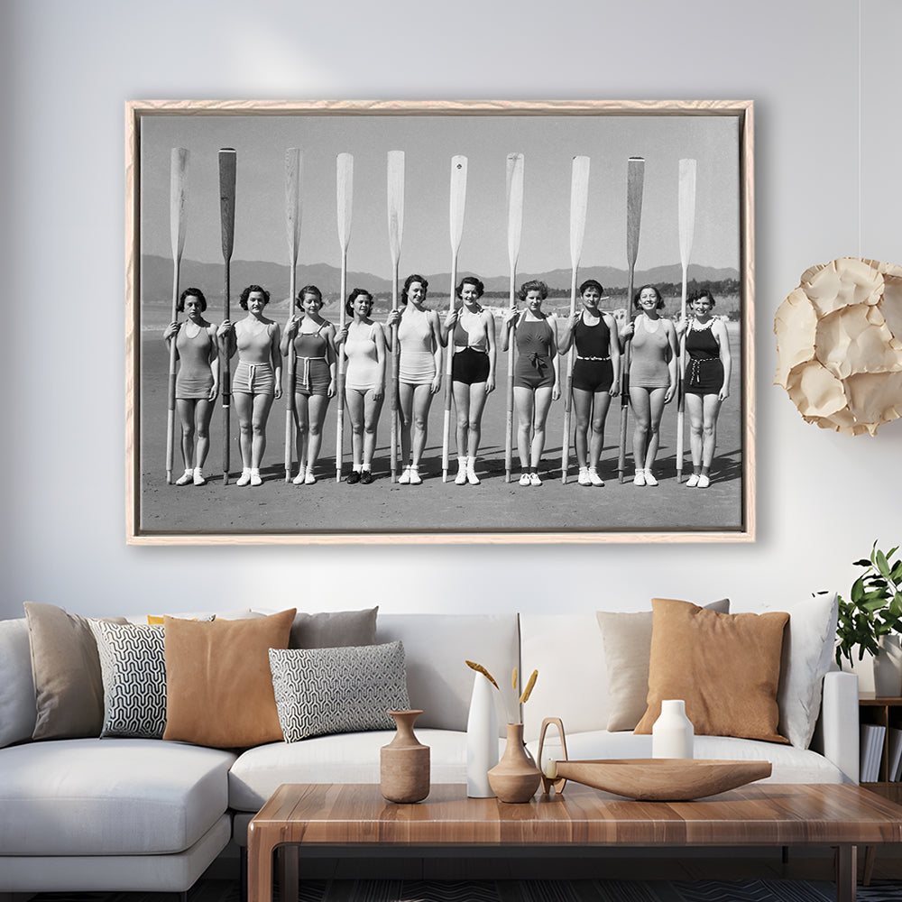 Women's Rowing Team Coastal Black and White Art Vintage Beach Fashion, Floating Framed Canvas Print