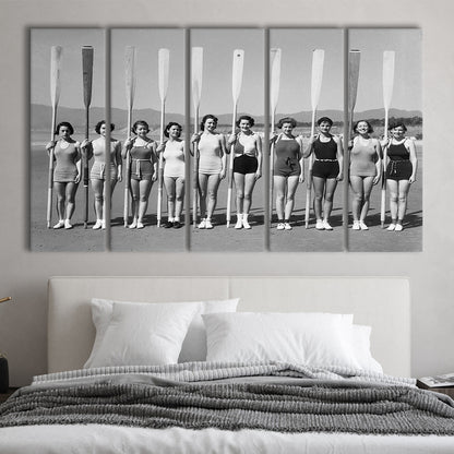 Women's Rowing Team Coastal Black and White Art Vintage Beach Fashion, 5 Pieces Large Canvas Print