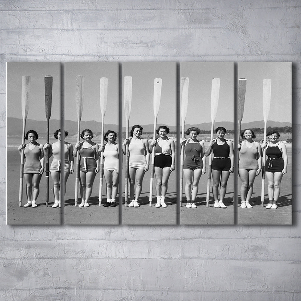 Women's Rowing Team Coastal Black and White Art Vintage Beach Fashion, 5 Pieces Large Canvas Print