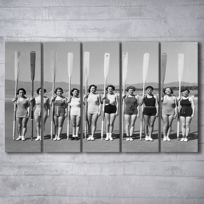 Women's Rowing Team Coastal Black and White Art Vintage Beach Fashion, 5 Pieces Large Canvas Print