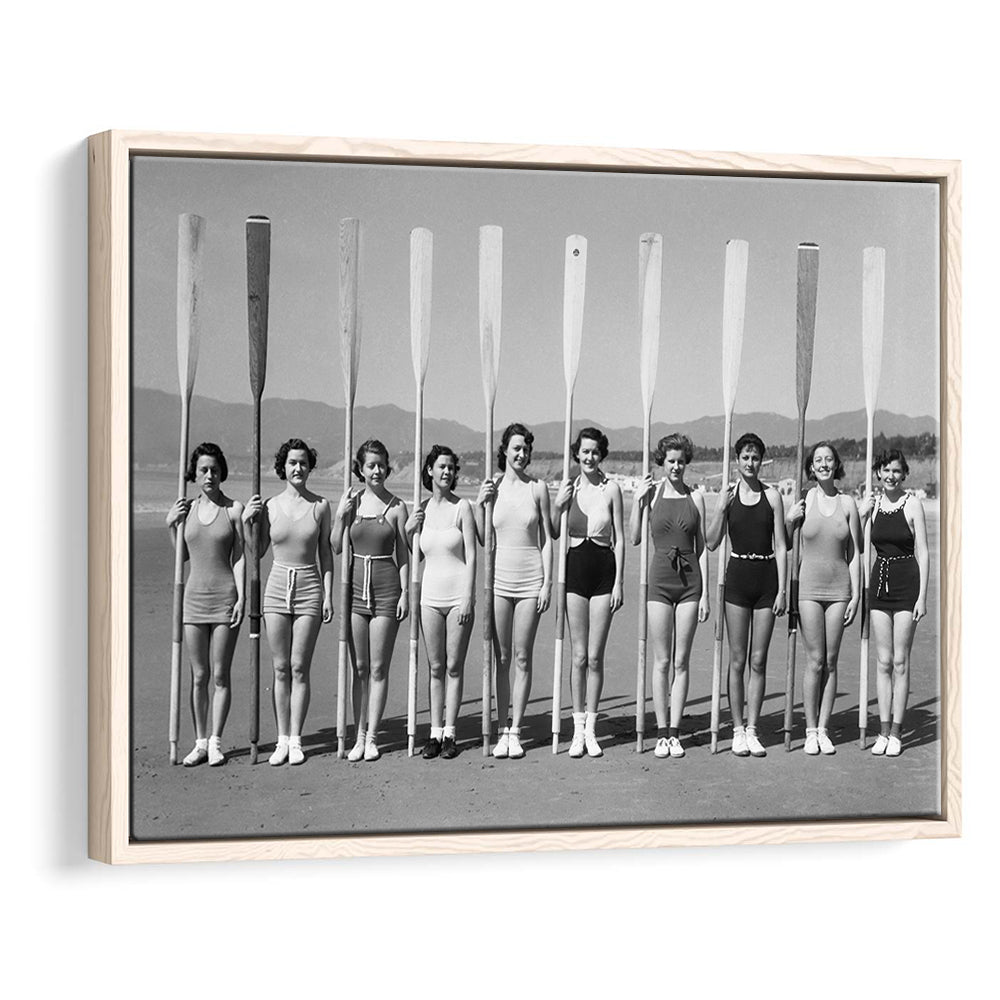 Women's Rowing Team Coastal Black and White Art Vintage Beach Fashion, Floating Framed Canvas Print