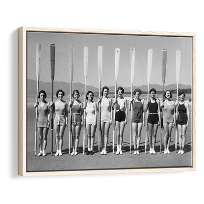 Women's Rowing Team Coastal Black and White Art Vintage Beach Fashion, Floating Framed Canvas Print