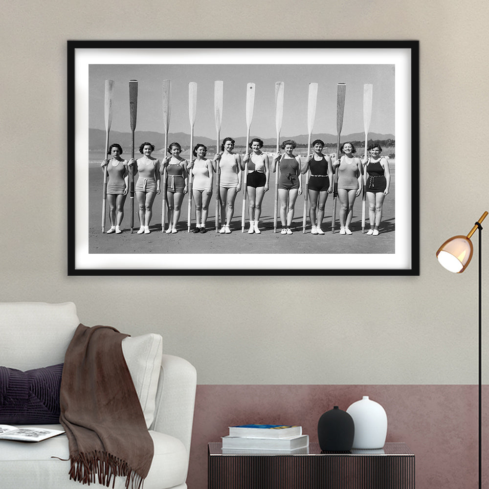 Women's Rowing Team Coastal Black and White Art Vintage Beach Fashion, Framed Art Print White Border Wall Decor