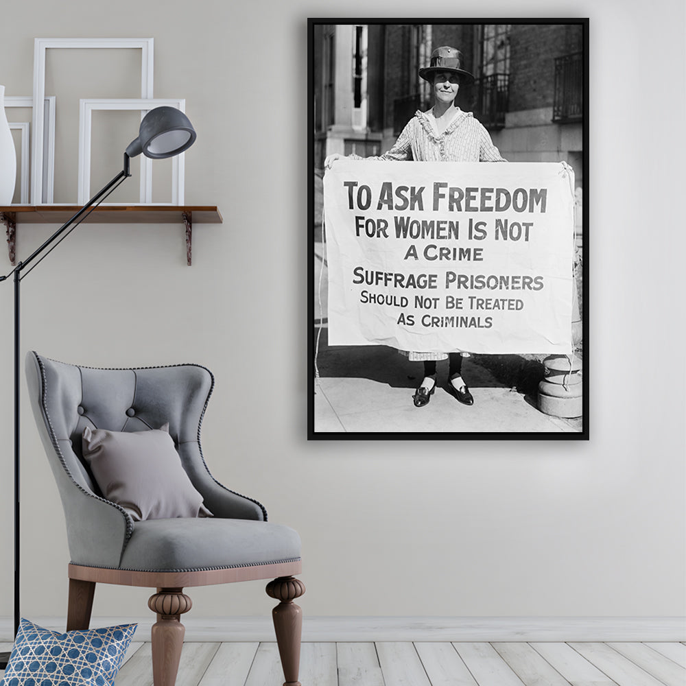 Women's Suffrage Movement Black and White Art Vintage Feminist Wall Art, Floating Framed Canvas Print