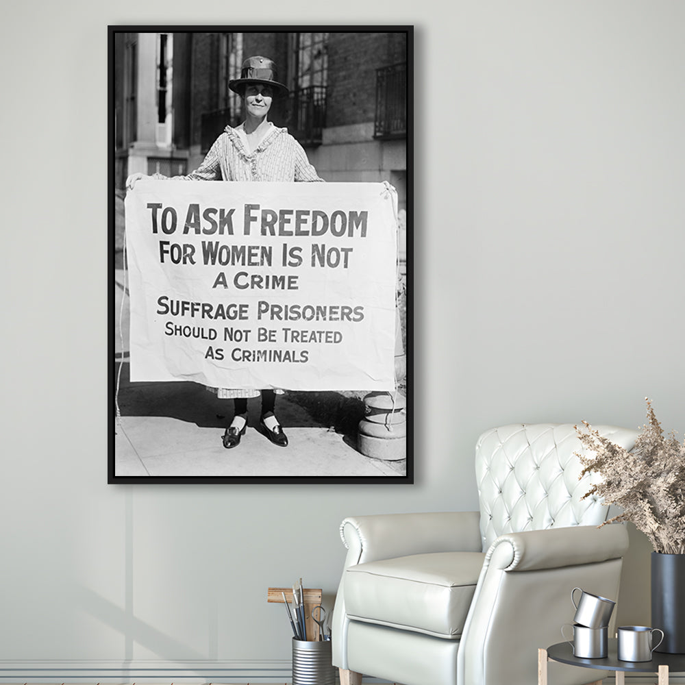 Women's Suffrage Movement Black and White Art Vintage Feminist Wall Art, Floating Framed Canvas Print