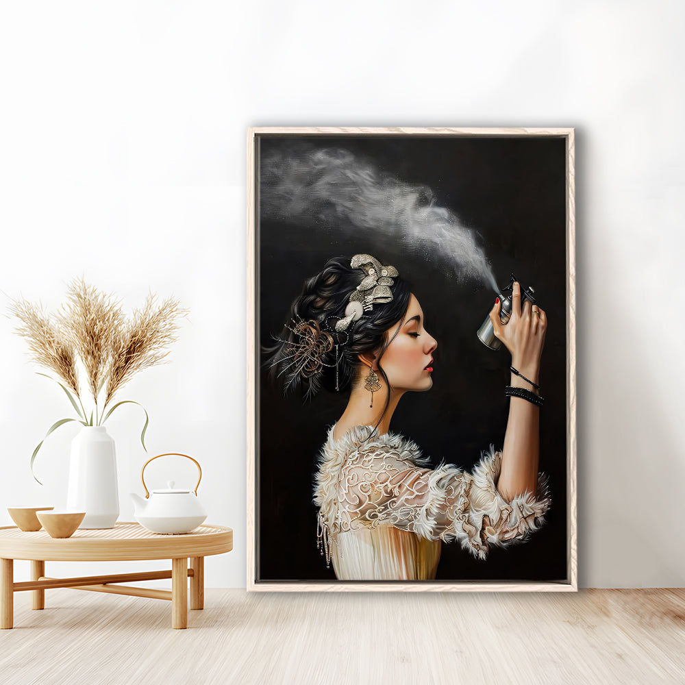 Stinky Bathroom Art Print Vintage Woman Funny Toilet Humor Amusing, Framed Canvas Print Wall Art, Floating Frame