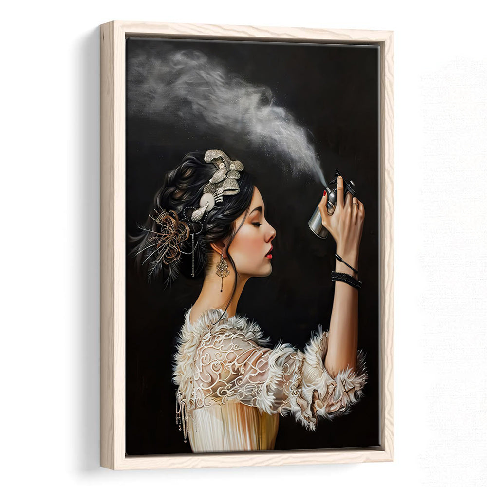 Stinky Bathroom Art Print Vintage Woman Funny Toilet Humor Amusing, Framed Canvas Print Wall Art, Floating Frame