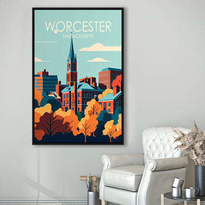 Worcester Massachusetts Retro Art Print, Worcester City Wall Art, Floating Framed Canvas Print, Framed Picture, Painting Canvas