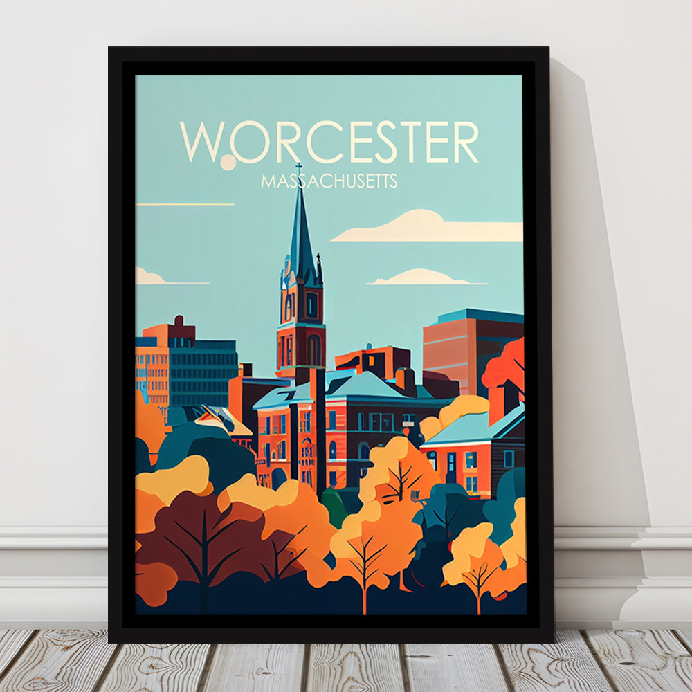 Worcester Massachusetts Retro Art Print, Worcester City Wall Art, Floating Framed Canvas Print, Framed Picture, Painting Canvas