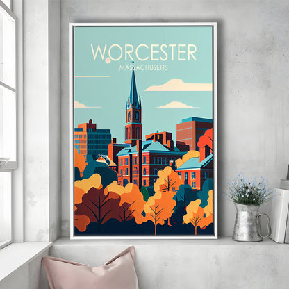 Worcester Massachusetts Retro Art Print, Worcester City Wall Art, Floating Framed Canvas Print, Framed Picture, Painting Canvas