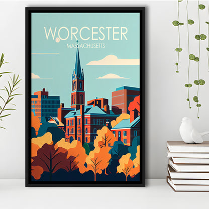 Worcester Massachusetts Retro Art Print, Worcester City Wall Art, Floating Framed Canvas Print, Framed Picture, Painting Canvas