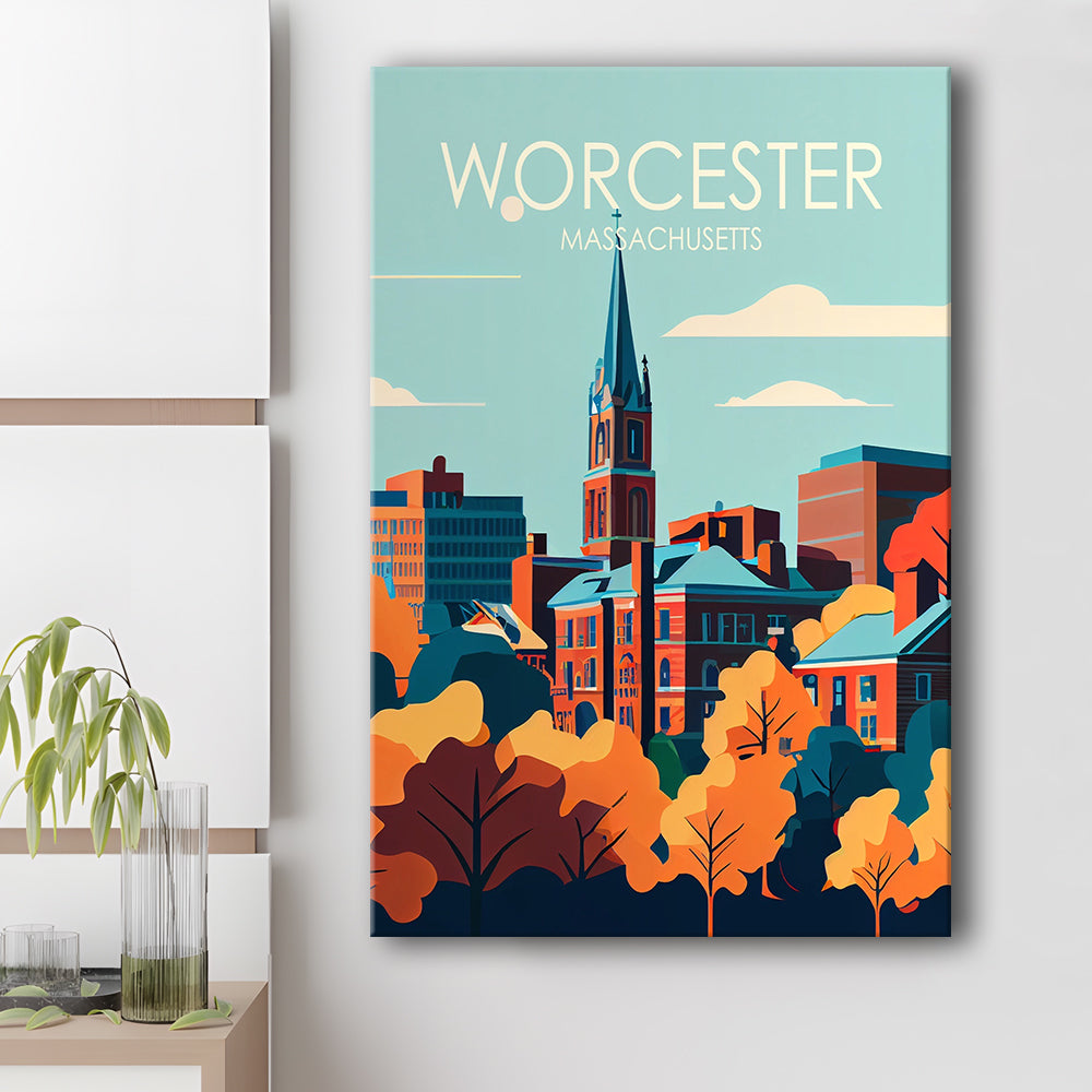Worcester Massachusetts Retro Art Print, Worcester City Wall Art, Canvas Print, Painting Canvas, Living Room Decor