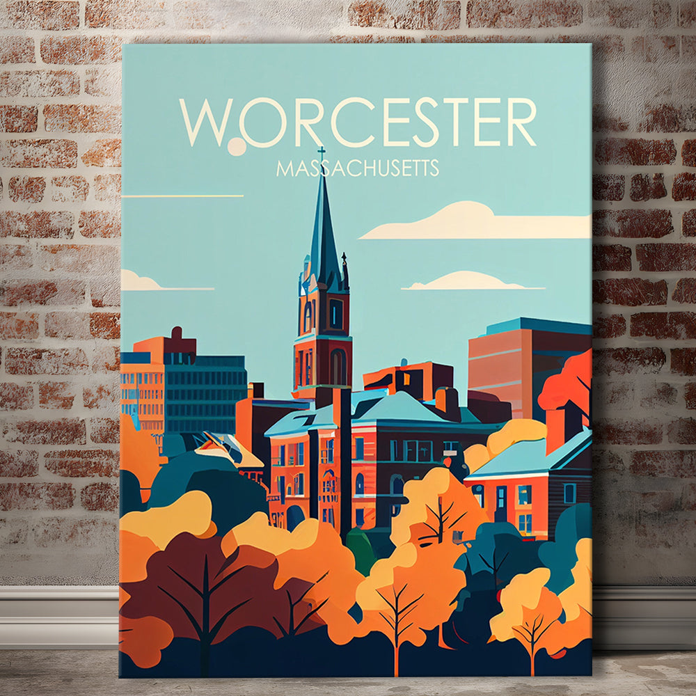 Worcester Massachusetts Retro Art Print, Worcester City Wall Art, Canvas Print, Painting Canvas, Living Room Decor