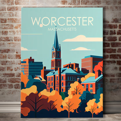 Worcester Massachusetts Retro Art Print, Worcester City Wall Art, Canvas Print, Painting Canvas, Living Room Decor