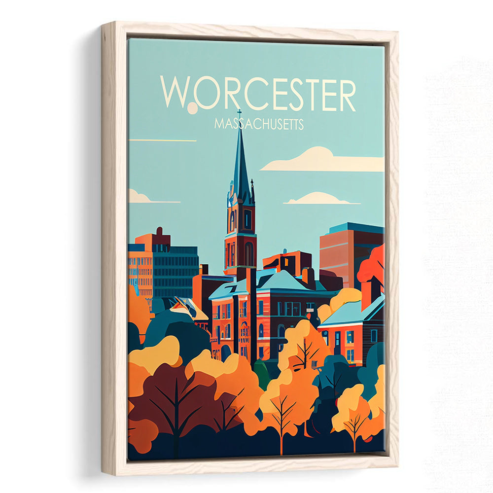 Worcester Massachusetts Retro Art Print, Worcester City Wall Art, Floating Framed Canvas Print, Framed Picture, Painting Canvas