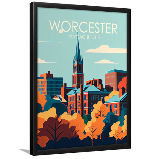 Worcester Massachusetts Retro Art Print, Worcester City Wall Art, Framed Art Print, Picture Framed, Painting Art