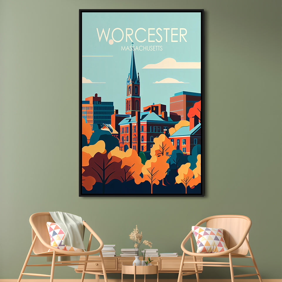 Worcester Massachusetts Retro Art Print, Worcester City Wall Art, Floating Framed Canvas Print, Framed Picture, Painting Canvas