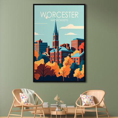 Worcester Massachusetts Retro Art Print, Worcester City Wall Art, Floating Framed Canvas Print, Framed Picture, Painting Canvas
