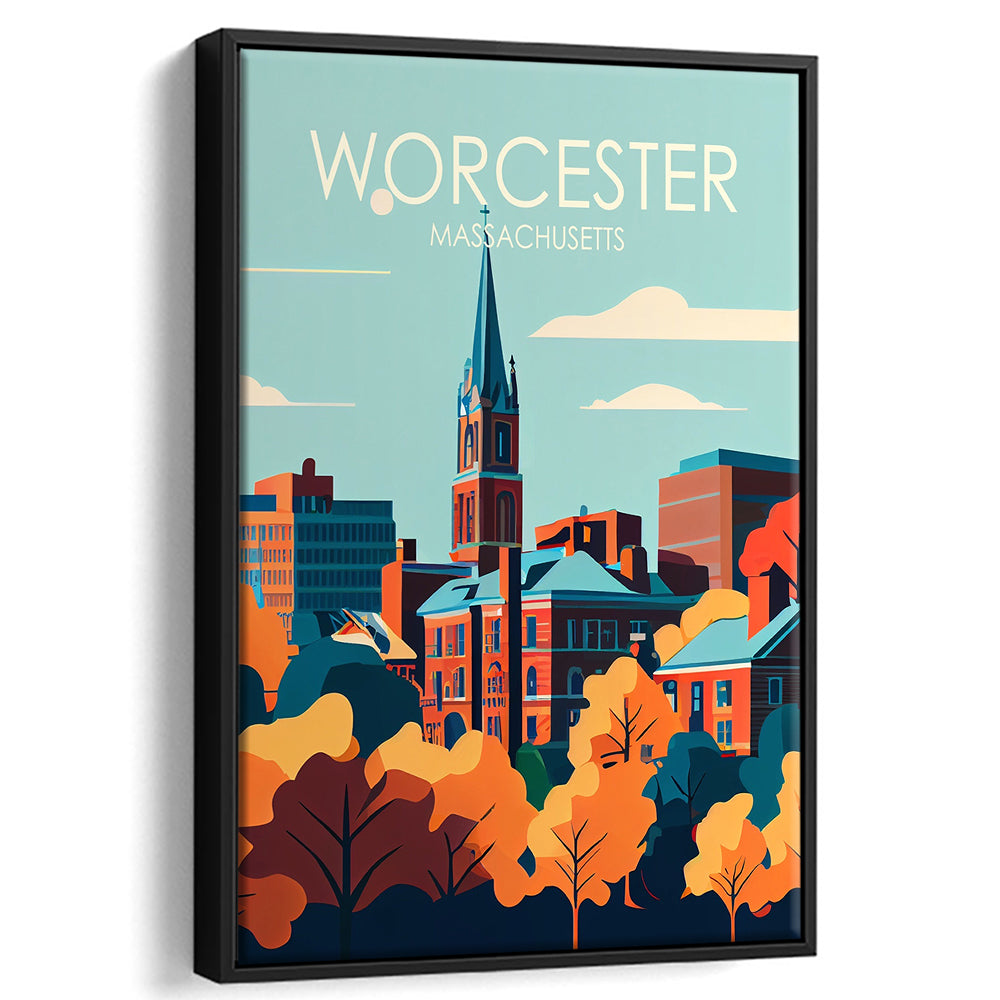 Worcester Massachusetts Retro Art Print, Worcester City Wall Art, Floating Framed Canvas Print, Framed Picture, Painting Canvas