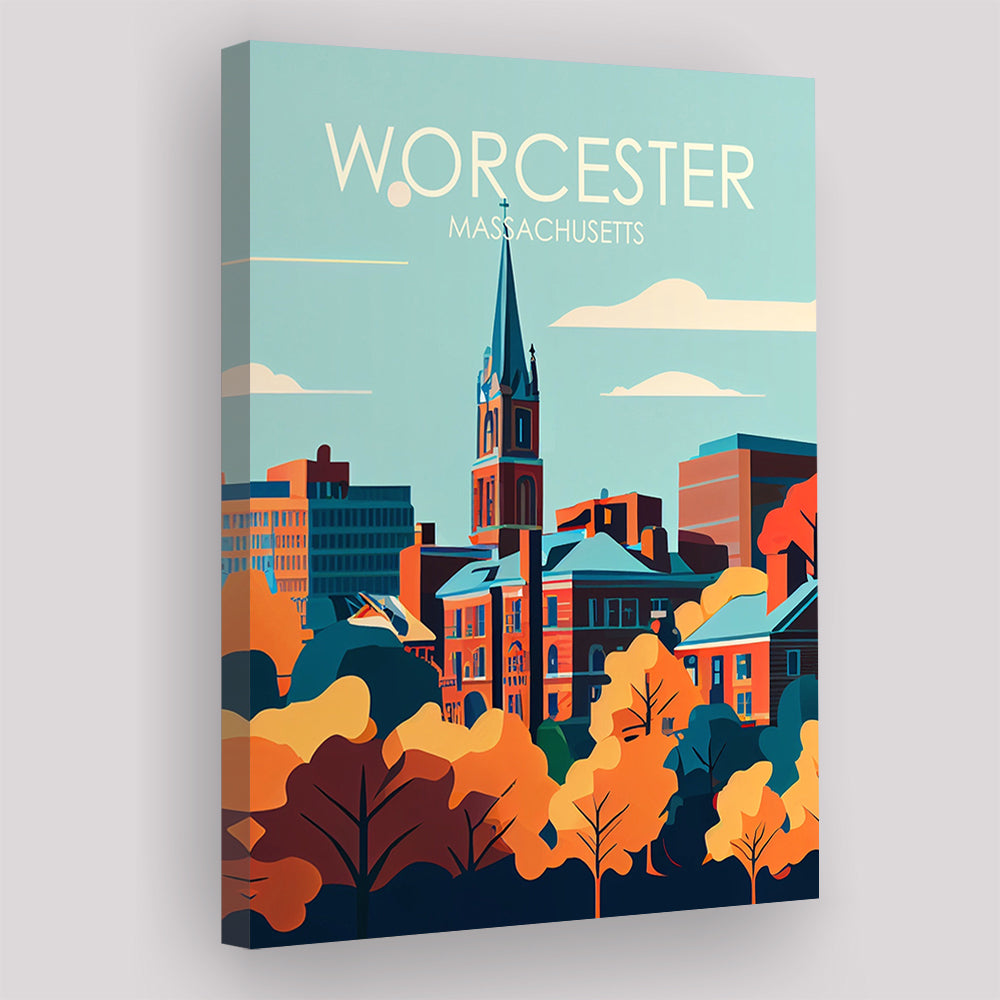 Worcester Massachusetts Retro Art Print, Worcester City Wall Art, Canvas Print, Painting Canvas, Living Room Decor