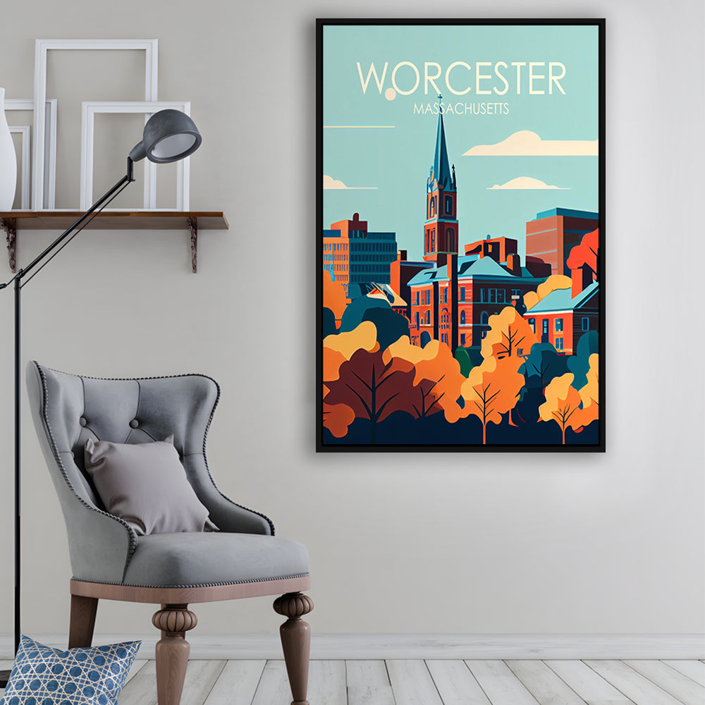 Worcester Massachusetts Retro Art Print, Worcester City Wall Art, Floating Framed Canvas Print, Framed Picture, Painting Canvas