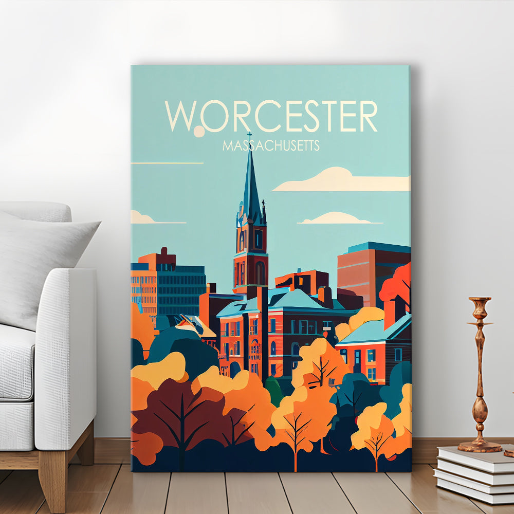 Worcester Massachusetts Retro Art Print, Worcester City Wall Art, Canvas Print, Painting Canvas, Living Room Decor