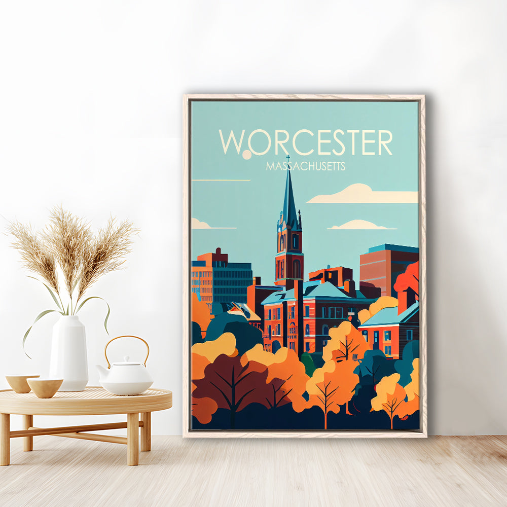 Worcester Massachusetts Retro Art Print, Worcester City Wall Art, Floating Framed Canvas Print, Framed Picture, Painting Canvas