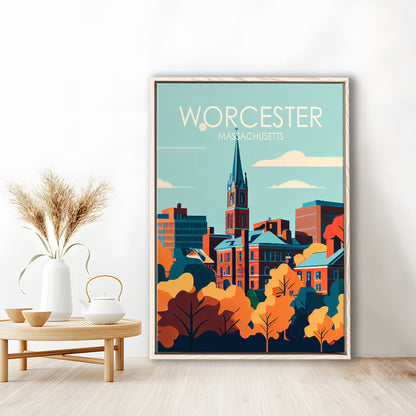 Worcester Massachusetts Retro Art Print, Worcester City Wall Art, Floating Framed Canvas Print, Framed Picture, Painting Canvas