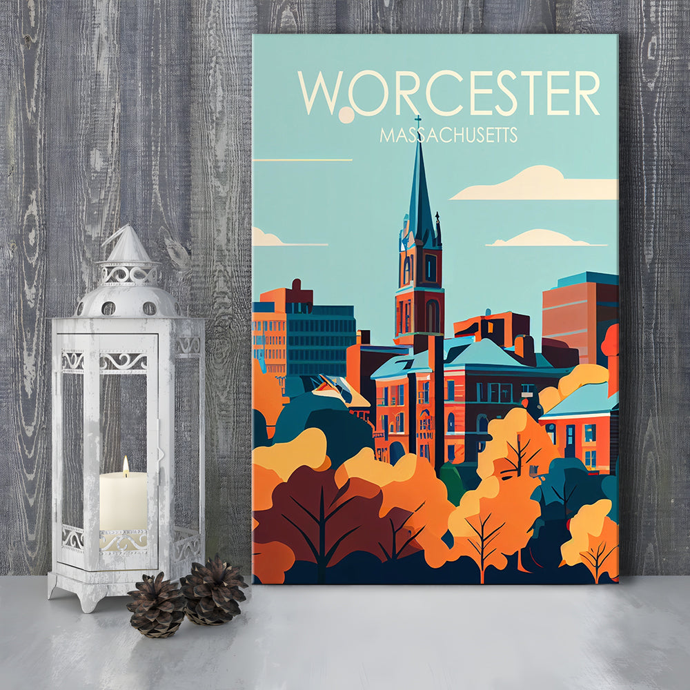 Worcester Massachusetts Retro Art Print, Worcester City Wall Art, Canvas Print, Painting Canvas, Living Room Decor