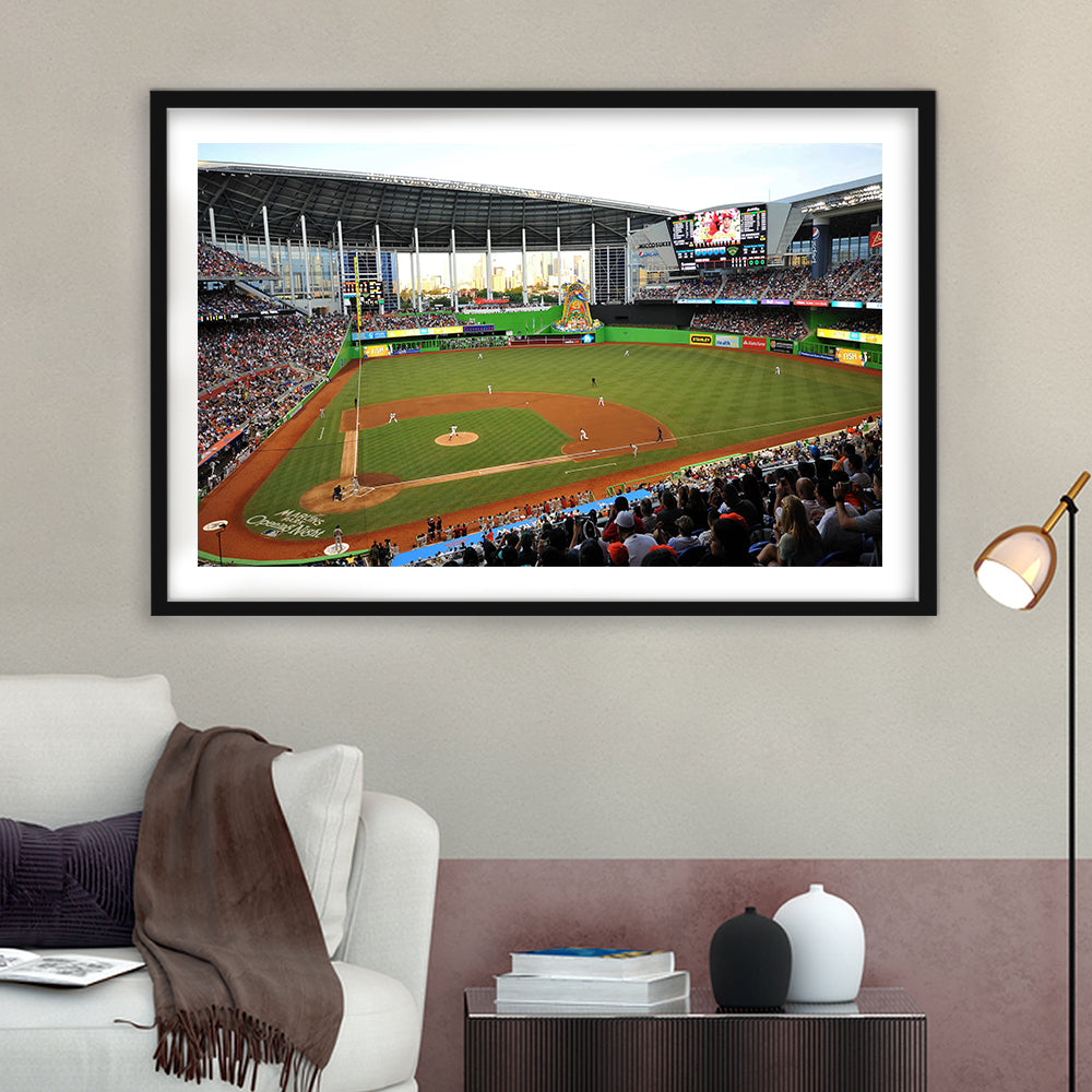 World Baseball Classic Marlins Park, Stadium Canvas, Sport Art, Gift for him, White Border Framed Art Print Wall Decor