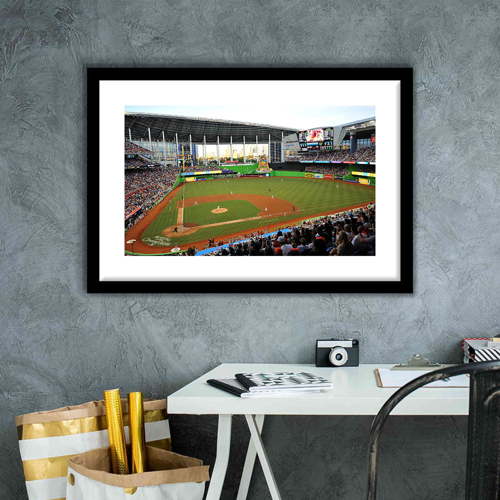 World Baseball Classic Marlins Park, Stadium Canvas, Sport Art, Gift for him, White Border Framed Art Print Wall Decor